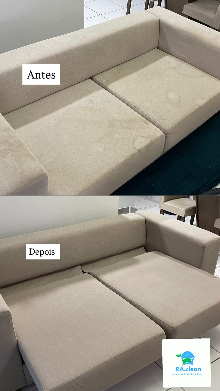 Sofá retrátil bege antes e depois da higienização RA.clean