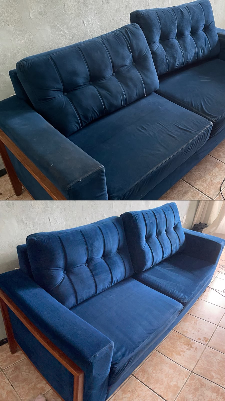 Sofá azul de veludo antes e depois da higienização RA.clean